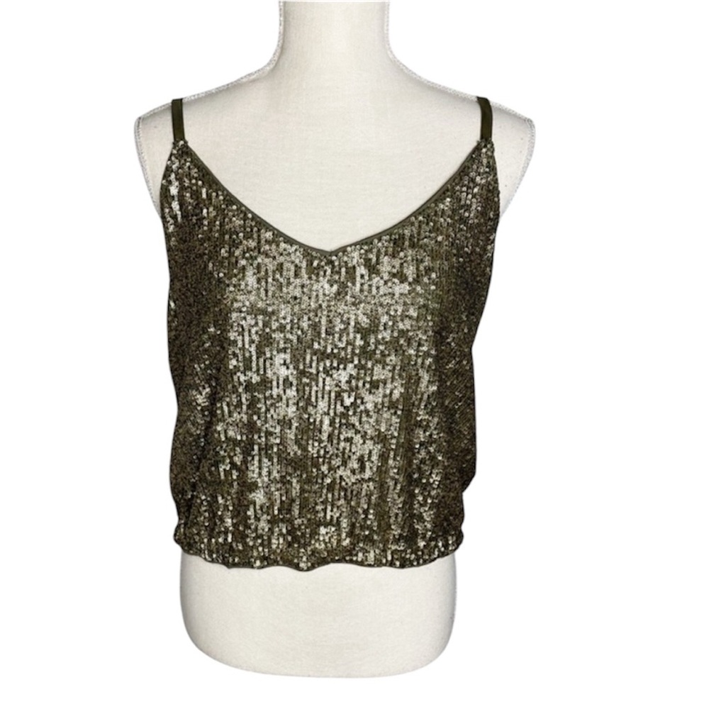 Express‎ Olive Green Gold Sequin Cropped Tank Blouse Size Medium